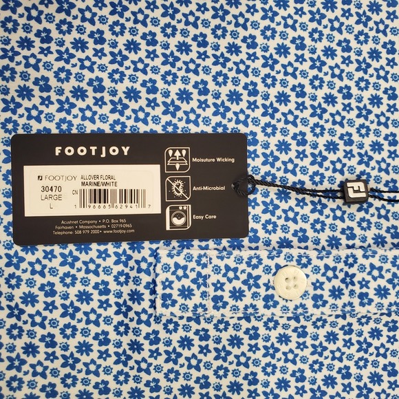 FJ FootJoy Allover Floral Lisle Polo shirt Large Marine White PGA Golf Club - Picture 6 of 12